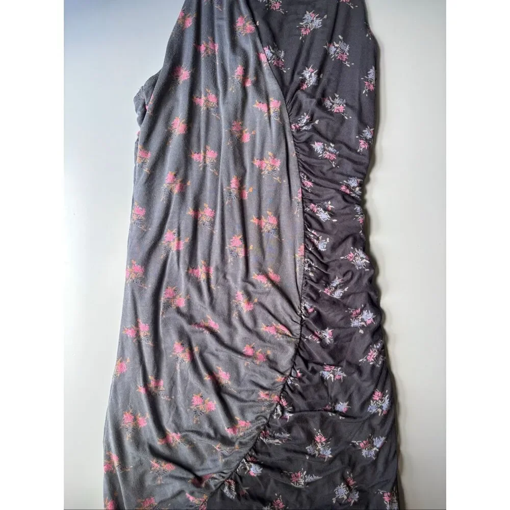 Free people cross back mini floral dress ruched spaghetti strap gray small